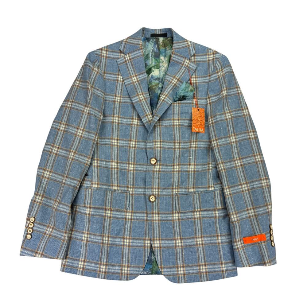 Tallia Mens Slim Fit Wool Blend Plaid Sport Coat Blue Gold 36R